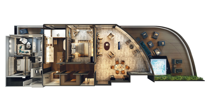 Layout of the 2 Bedroom Penthouse Suite on the Scenic Eclipse