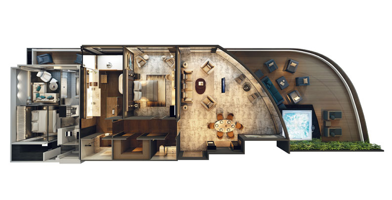 Layout of the 2 Bedroom Penthouse Suite on the Scenic Eclipse II